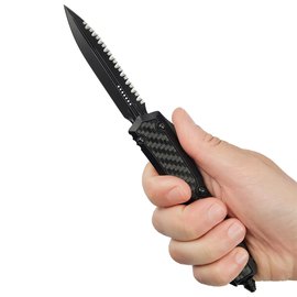 Кишеньковий ніж Microtech Makora Double Edge Black Blade CF Signature Series Serrated (206-3TCFIS), Тип ріжучої кромки: Гладке лезо/Серрейтор, зображення 5