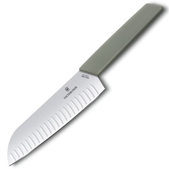 Ніж кухонний Victorinox Swiss Modern Santoku 17см рифл. із зел. ручкою (блістер) 6.9056.17K6B