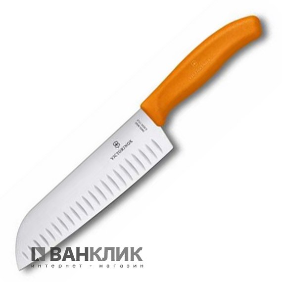 Нож кухонный Victorinox Santoku, волн.лезвие, 17cм, оранжевый, блистер 6.8526.17L9B
