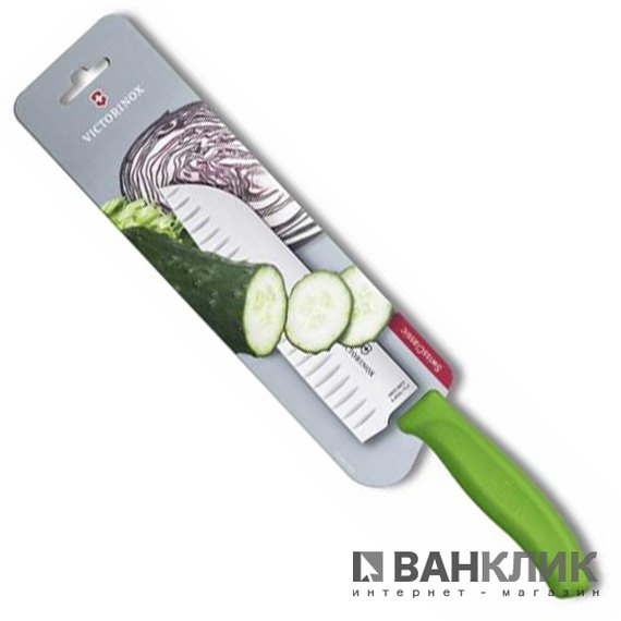 Нож кухонный Victorinox Santoku, волн.лезвие, 17cм, зелений, блистер 6.8526.17L4B