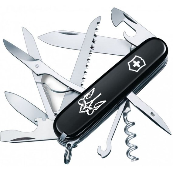 Многофункциональный нож Victorinox Huntsman Ukraine Трезубец готический белый на черном 1.3713.3_T0630u, Цвет : Black, Принт: Трезубец готический белый на черном